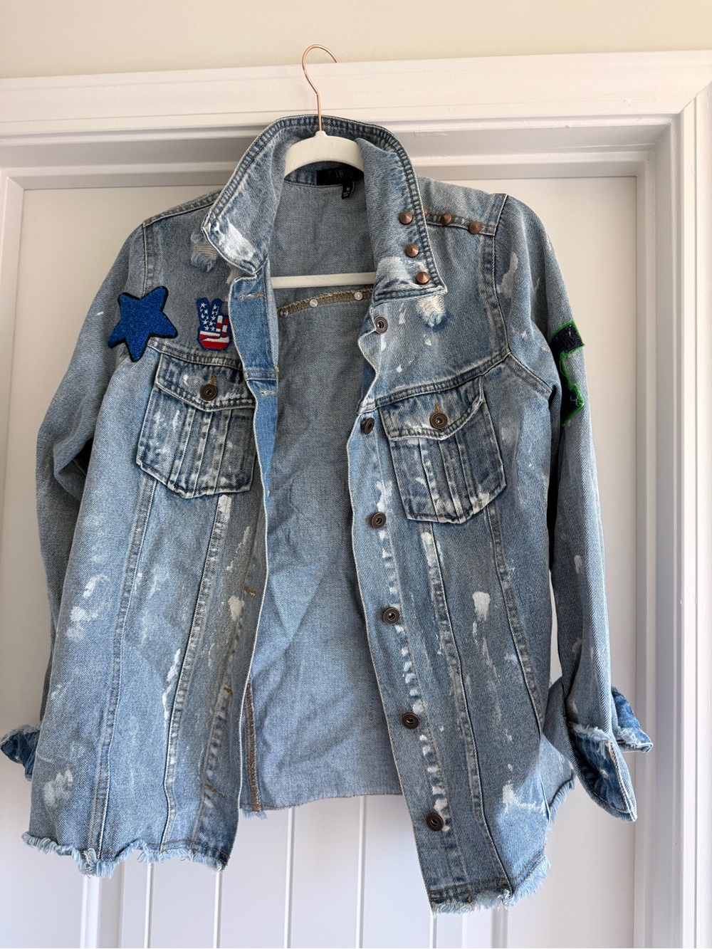 Urban Outfitters Light Blue Distressed Denim Jacket with Patch Details